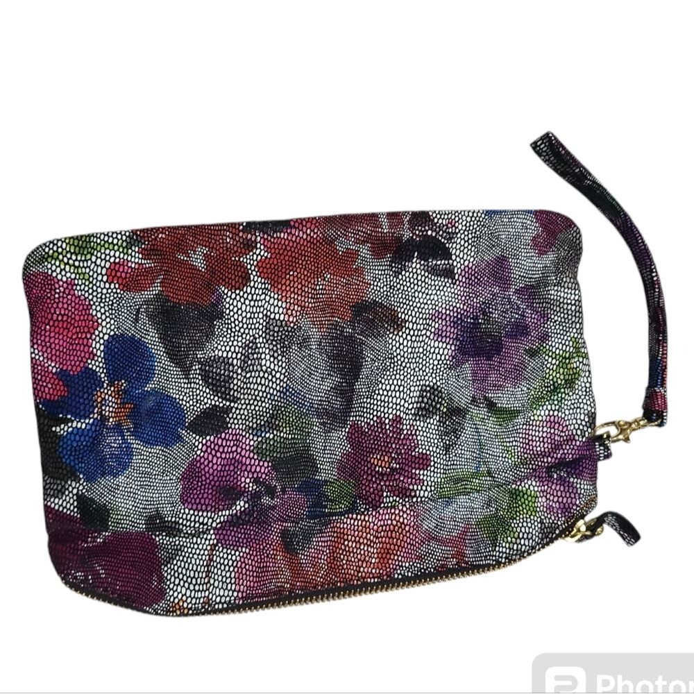 EUC Lodis Wristlet Purse Clutch Shiny Leather Floral Pattern Super Soft like new